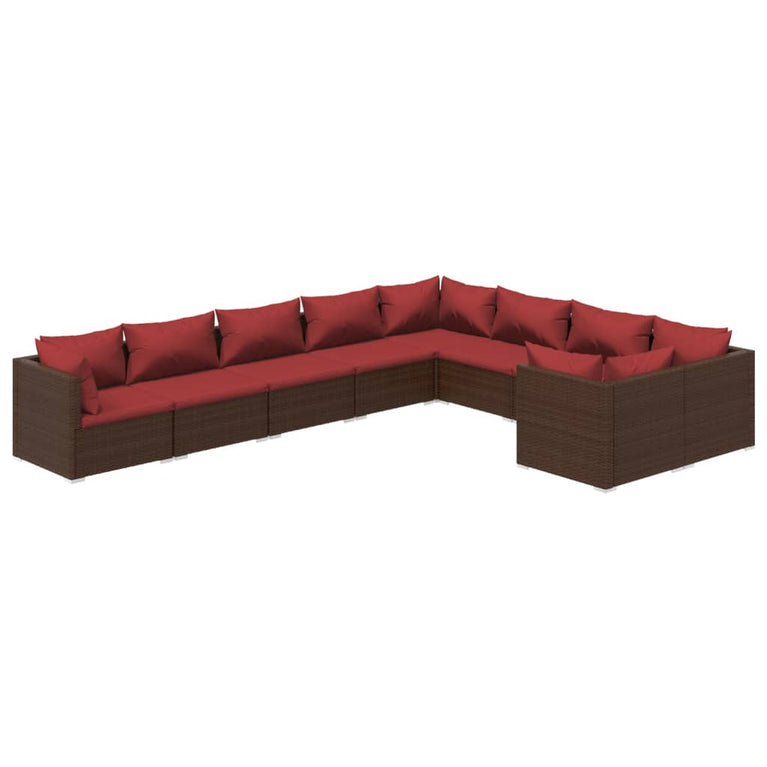9-delige Loungeset met kussens poly rattan bruin