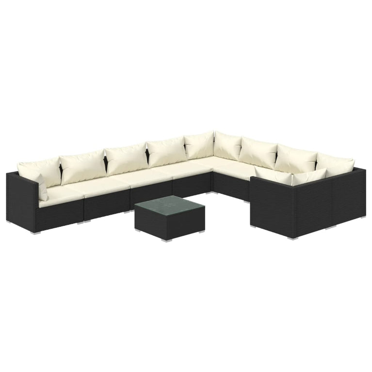 10-delige Loungeset met kussens poly rattan zwart