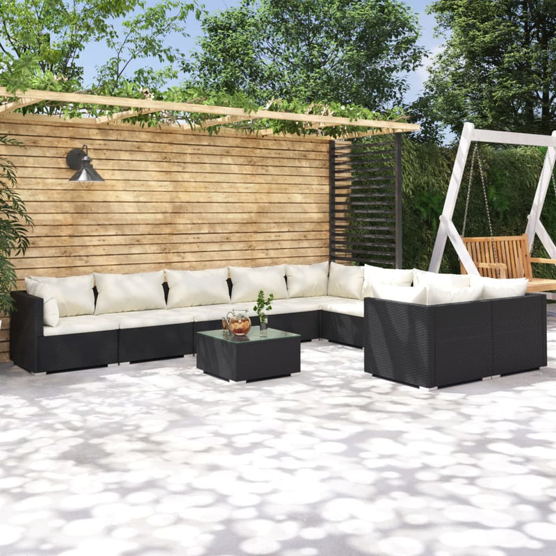 10-delige Loungeset met kussens poly rattan zwart