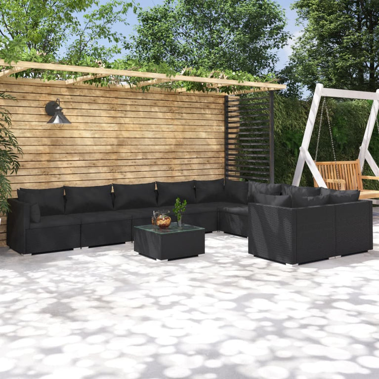 10-delige Loungeset met kussens poly rattan zwart