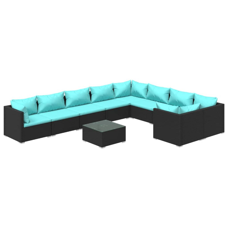 10-delige Loungeset met kussens poly rattan zwart