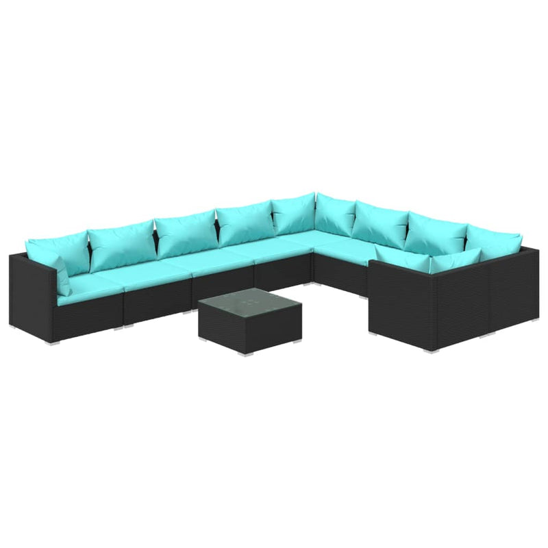 10-delige Loungeset met kussens poly rattan zwart