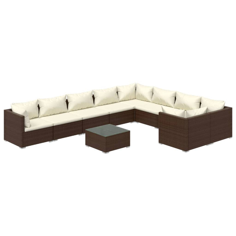 10-delige Loungeset met kussens poly rattan bruin