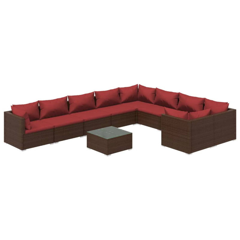 10-delige Loungeset met kussens poly rattan bruin