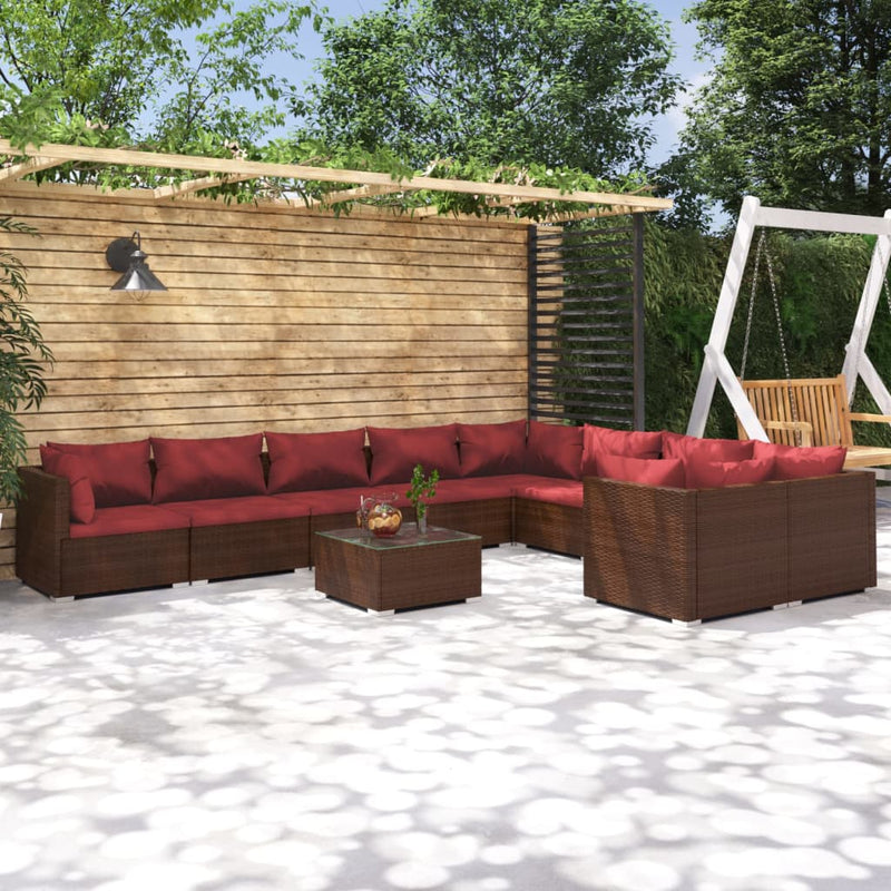 10-delige Loungeset met kussens poly rattan bruin