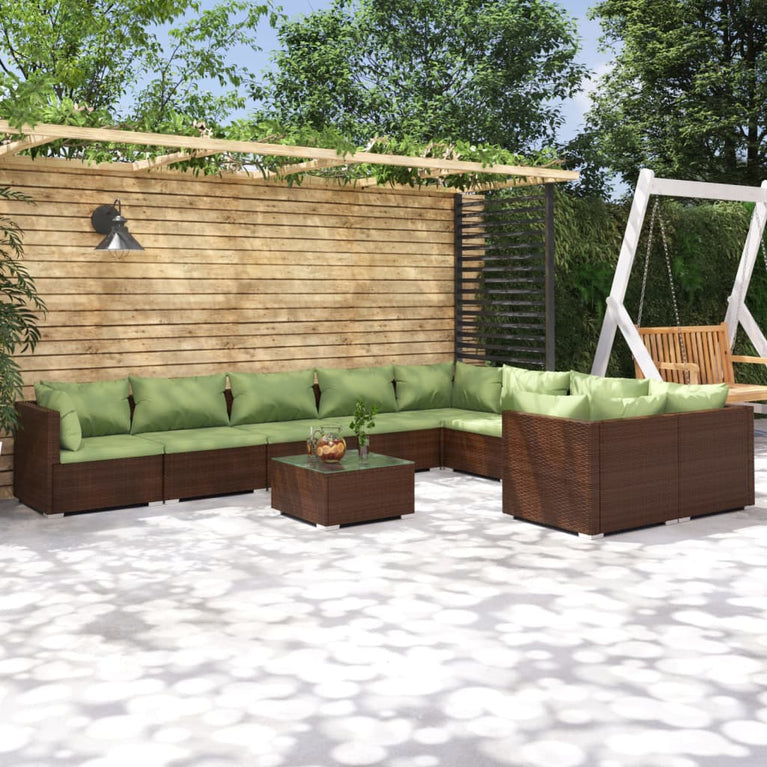 10-delige Loungeset met kussens poly rattan bruin