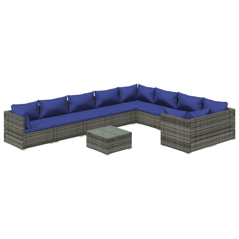 10-delige Loungeset met kussens poly rattan grijs