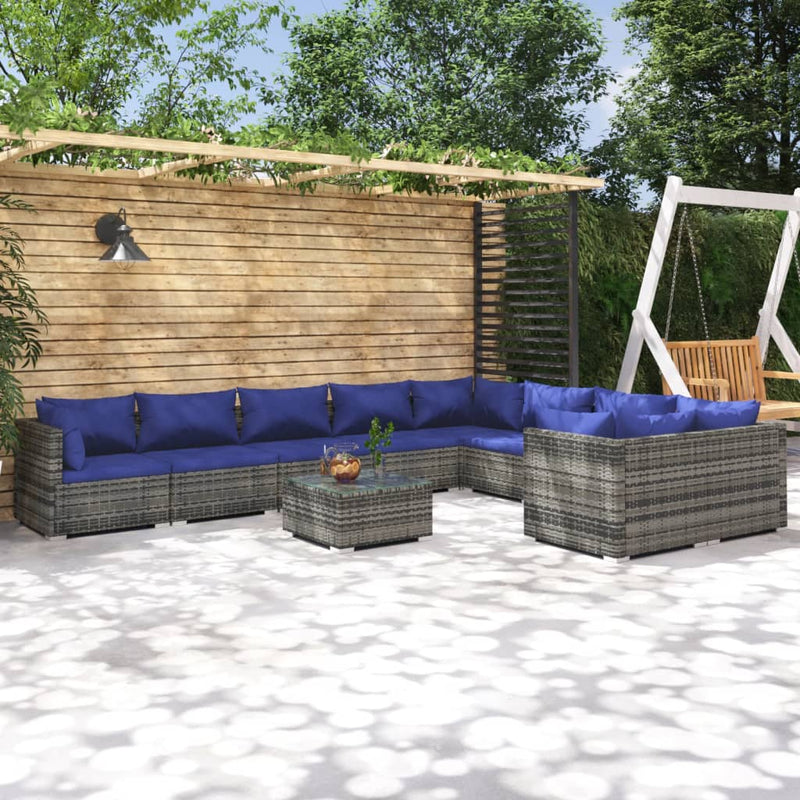 10-delige Loungeset met kussens poly rattan grijs