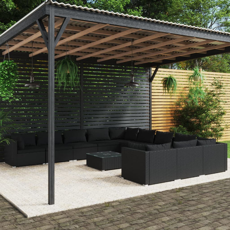 12-delige Loungeset met kussens poly rattan zwart MeubelReus