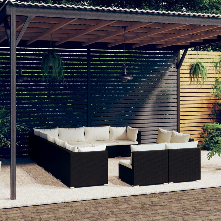 12-delige Loungeset met kussens poly rattan zwart
