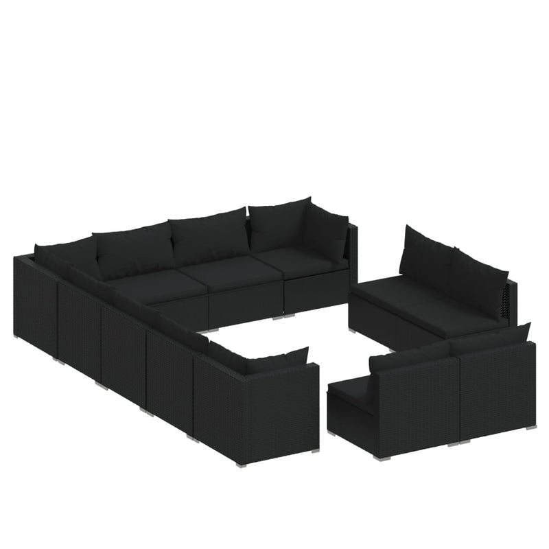 12-delige Loungeset met kussens poly rattan zwart MeubelReus