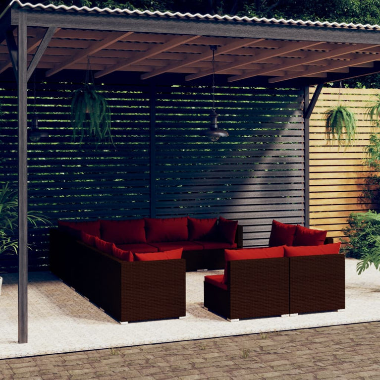 12-delige Loungeset met kussens poly rattan bruin