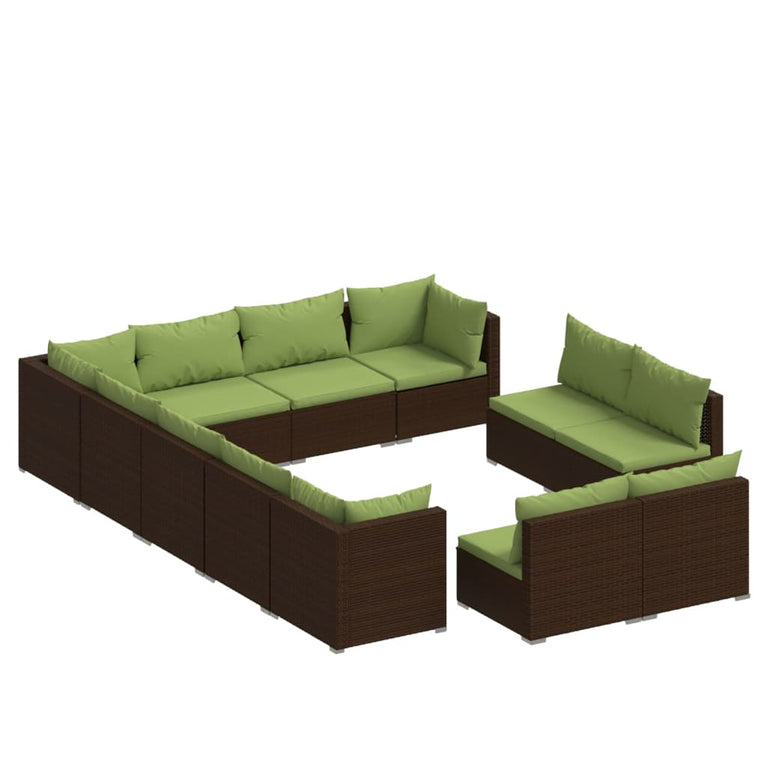 12-delige Loungeset met kussens poly rattan bruin