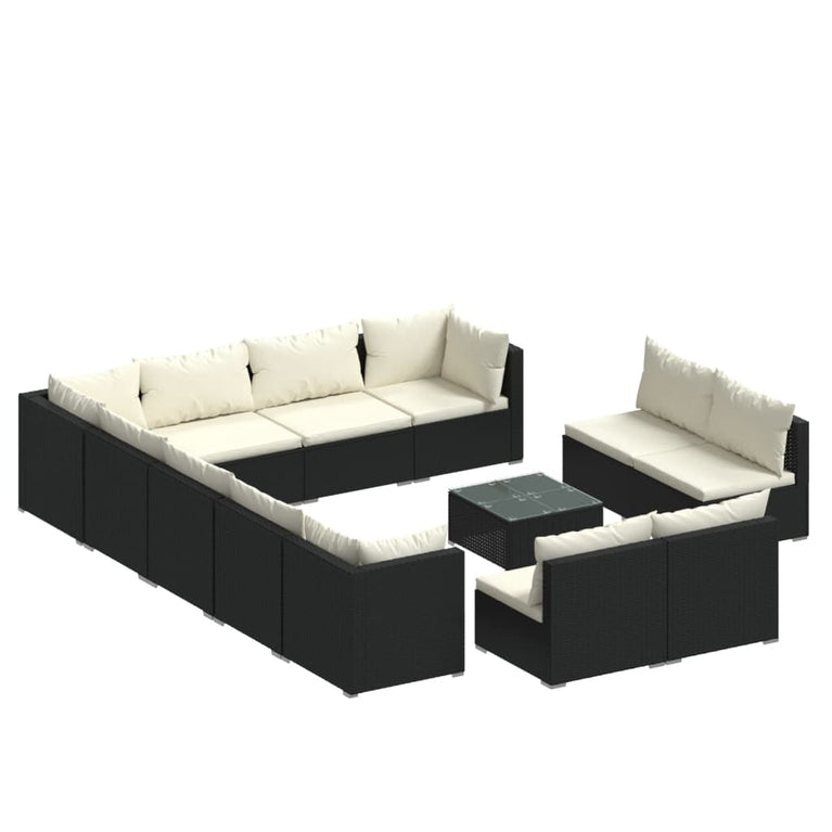 13-delige Loungeset met kussens poly rattan zwart