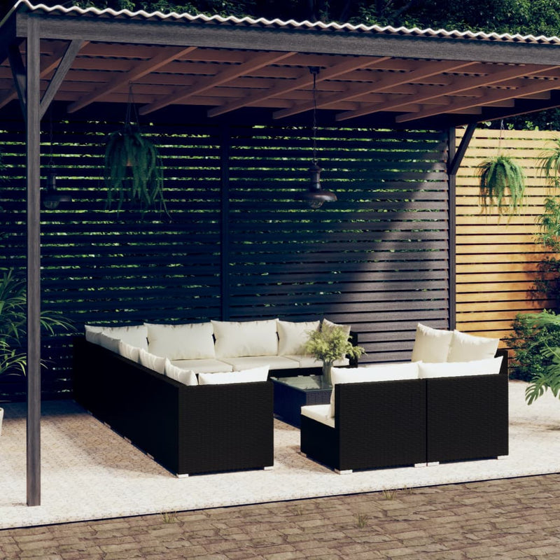 13-delige Loungeset met kussens poly rattan zwart