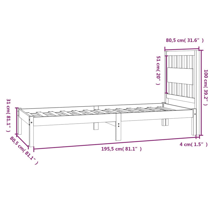 Bedframe massief grenenhout zwart 75x190 cm Small Single