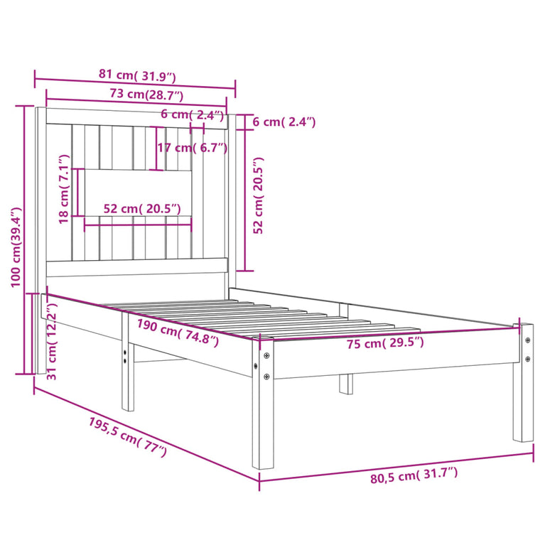 Bedframe massief hout zwart 75x190 cm 2FT6 Small Single