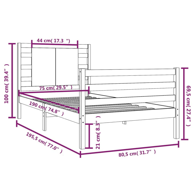 Bedframe massief grenenhout zwart 75x190 cm Small Single