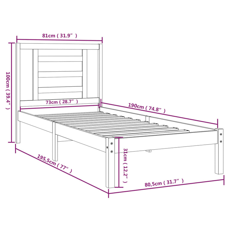 Bedframe massief hout wit 75x190 cm 2FT6 Small Single