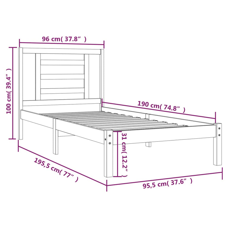 Bedframe massief grenenhout wit 90x190 cm 3FT Single
