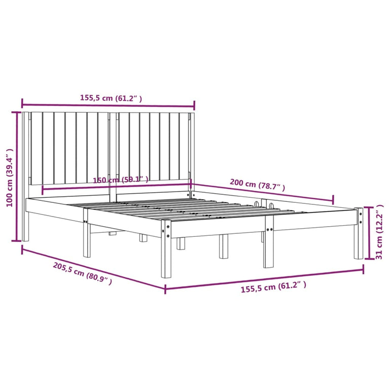 Bedframe massief hout wit 150x200 cm 5FT King Size