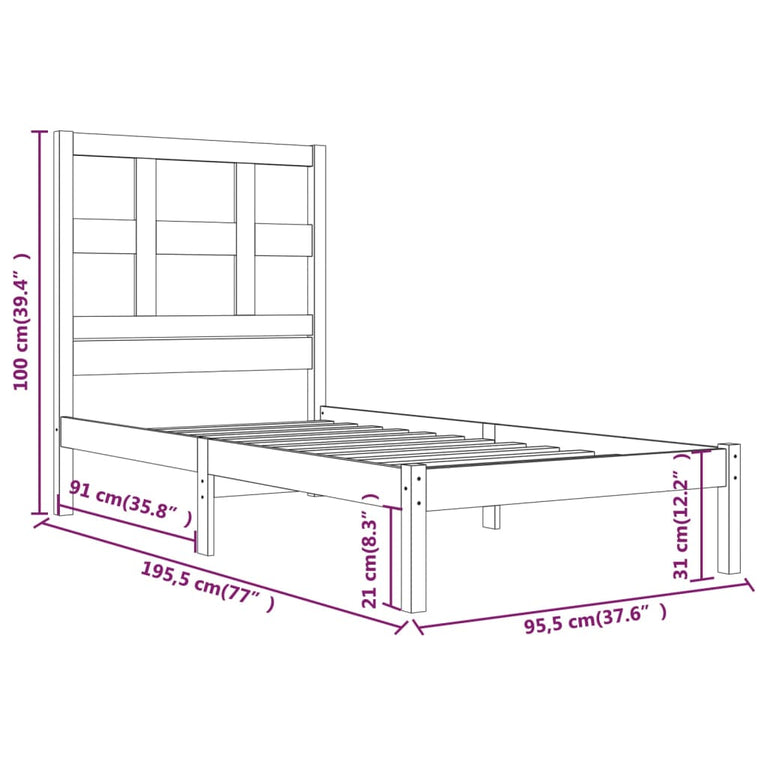 Bedframe massief grenenhout wit 90x190 cm 3FT Single