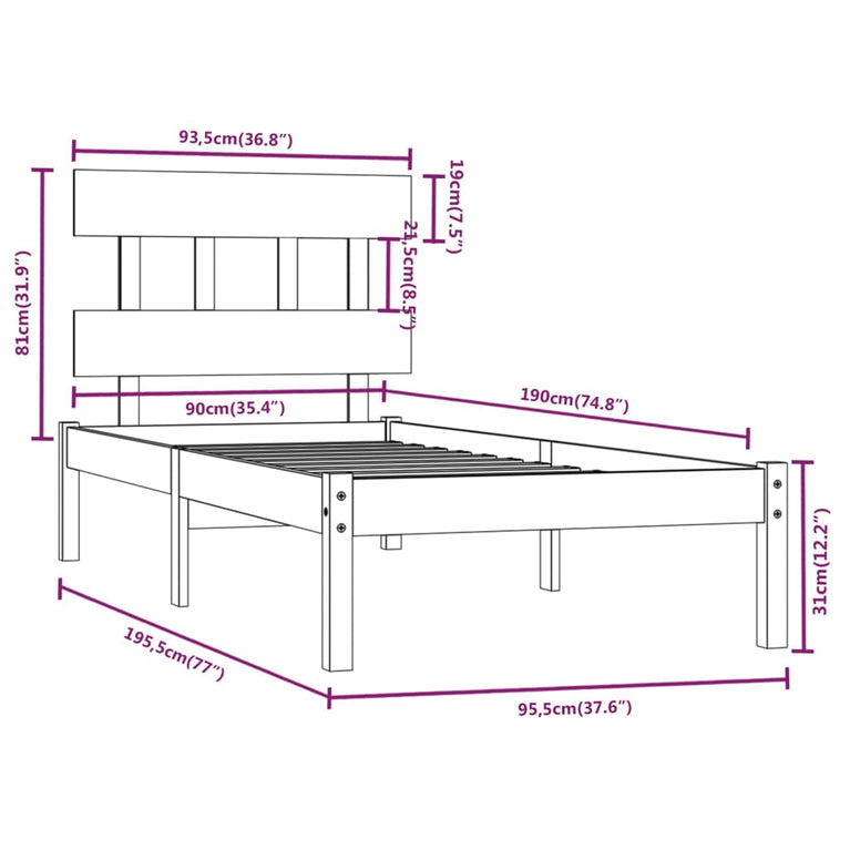 Bedframe massief hout wit 90x190 cm 3FT6 Single