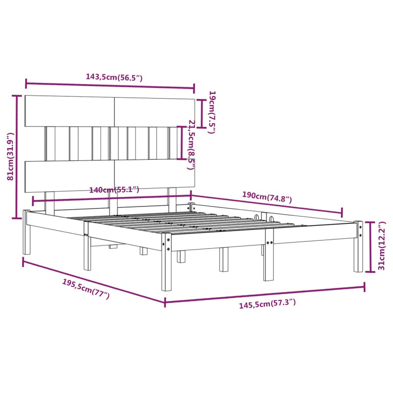 Bedframe massief hout 140x190 cm