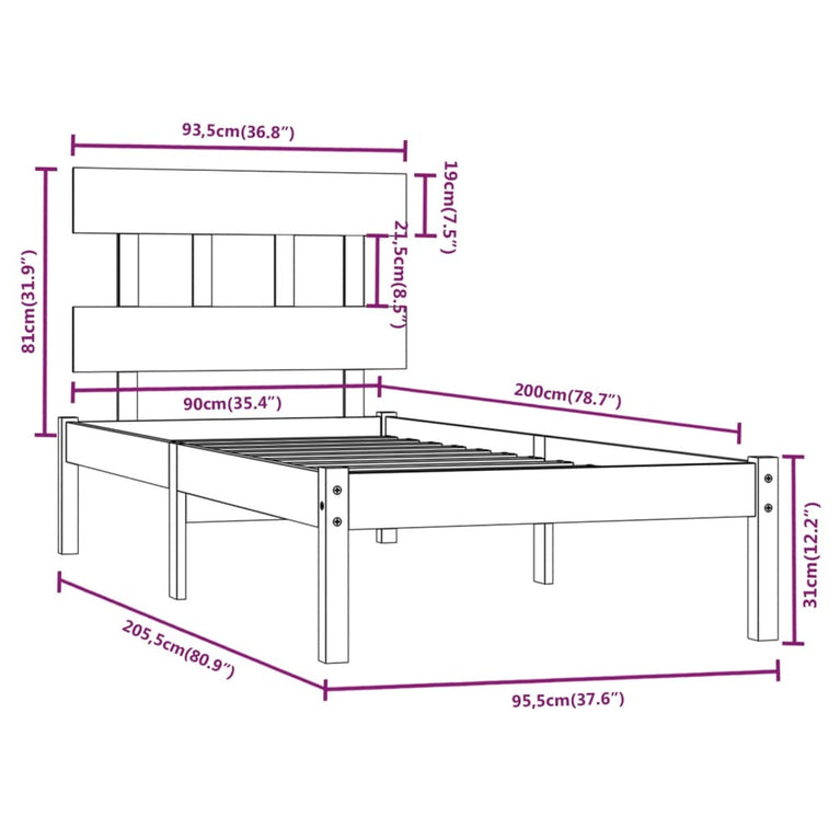 Bedframe massief hout 90x200 cm