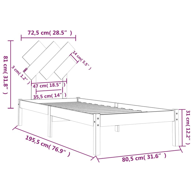 Bedframe massief hout zwart 75x190 cm 2FT6 Small Single