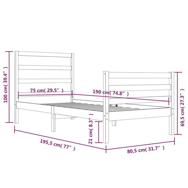 Bedframe massief grenenhout zwart 75x190 cm Small Single