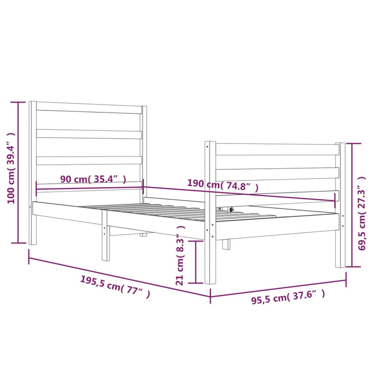 Bedframe massief grenenhout 90x190 cm Single