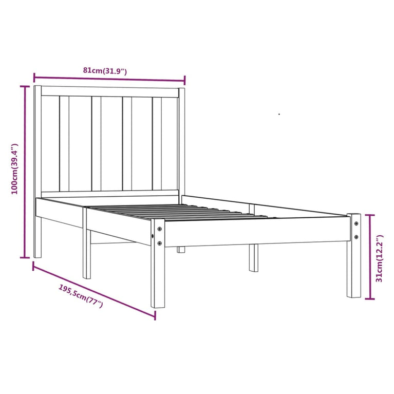 Bedframe massief grenenhout zwart 75x190 cm Small Single