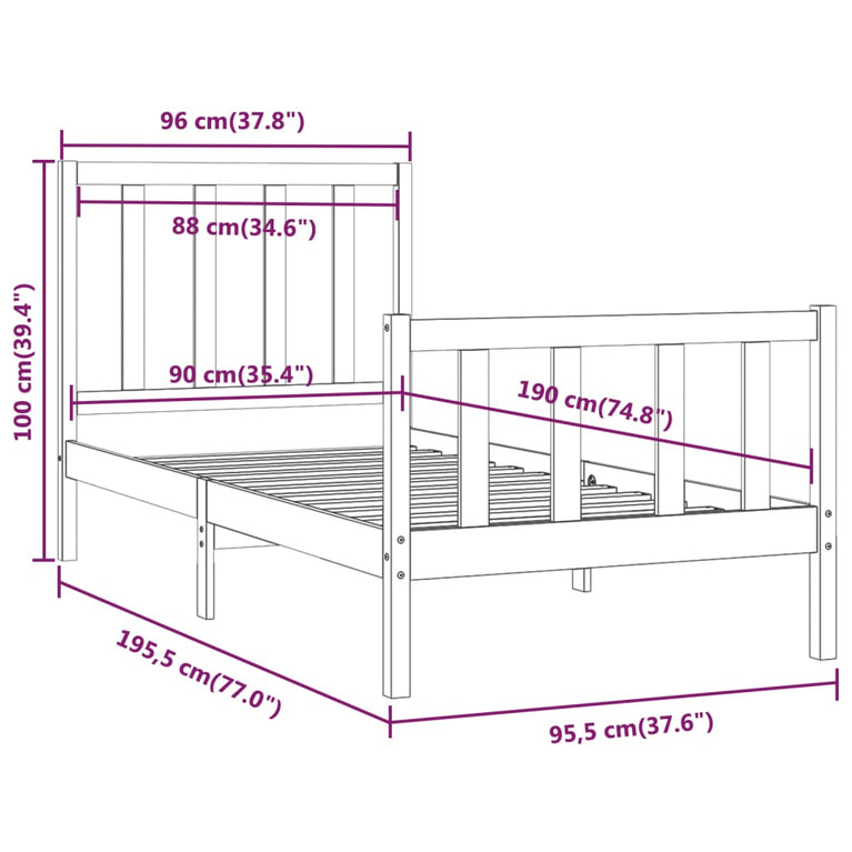 Bedframe massief hout zwart 90x190 cm 3FT Single