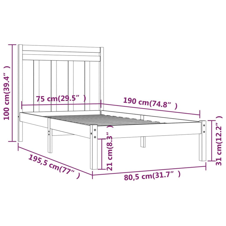 Bedframe massief hout zwart 75x190 cm 2FT6 Small Single