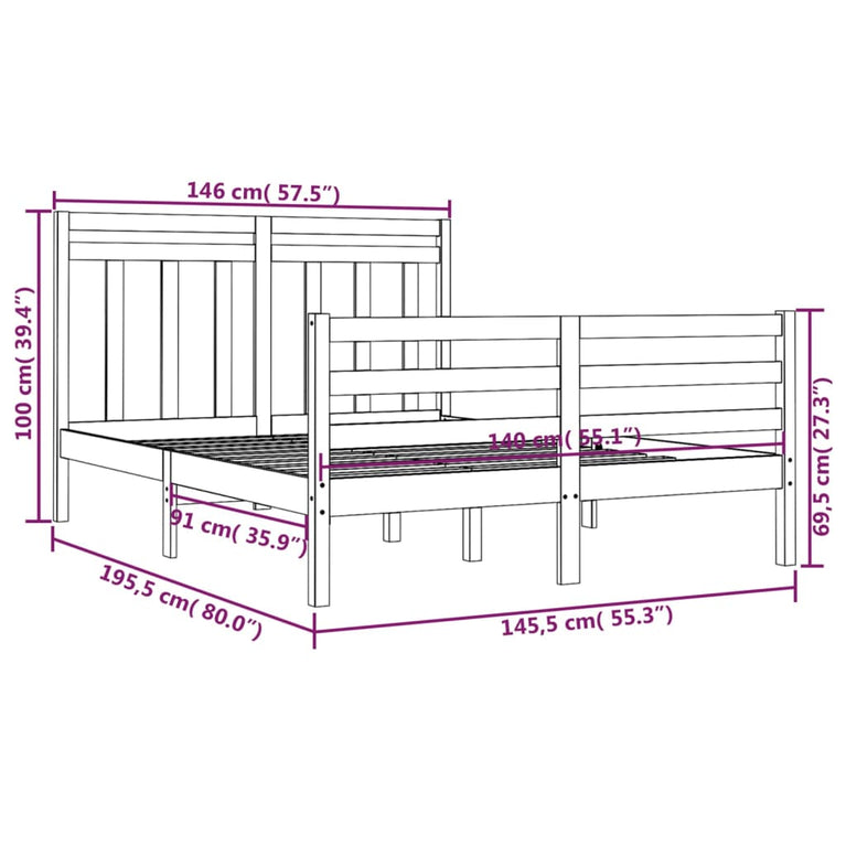 Bedframe massief hout wit 140x190 cm