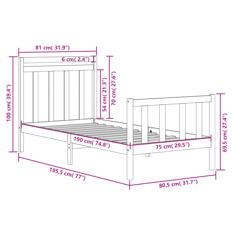 Bedframe massief hout zwart 75x190 cm 2FT6 Small Single