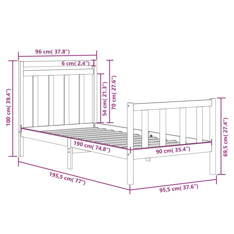 Bedframe massief hout zwart 90x190 cm 3FT Single