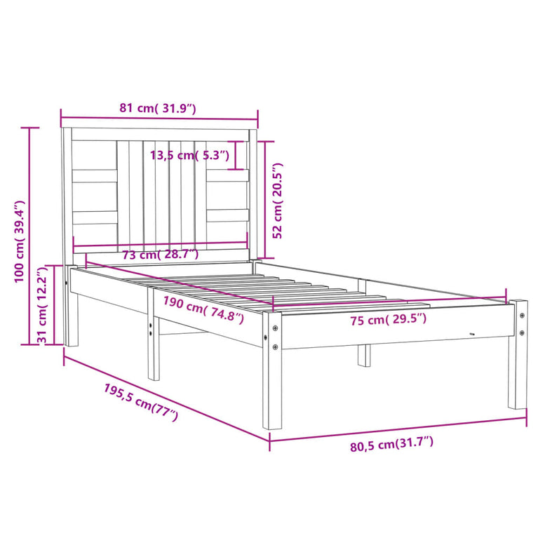 Bedframe massief hout wit 75x190 cm 2FT6 Small Single