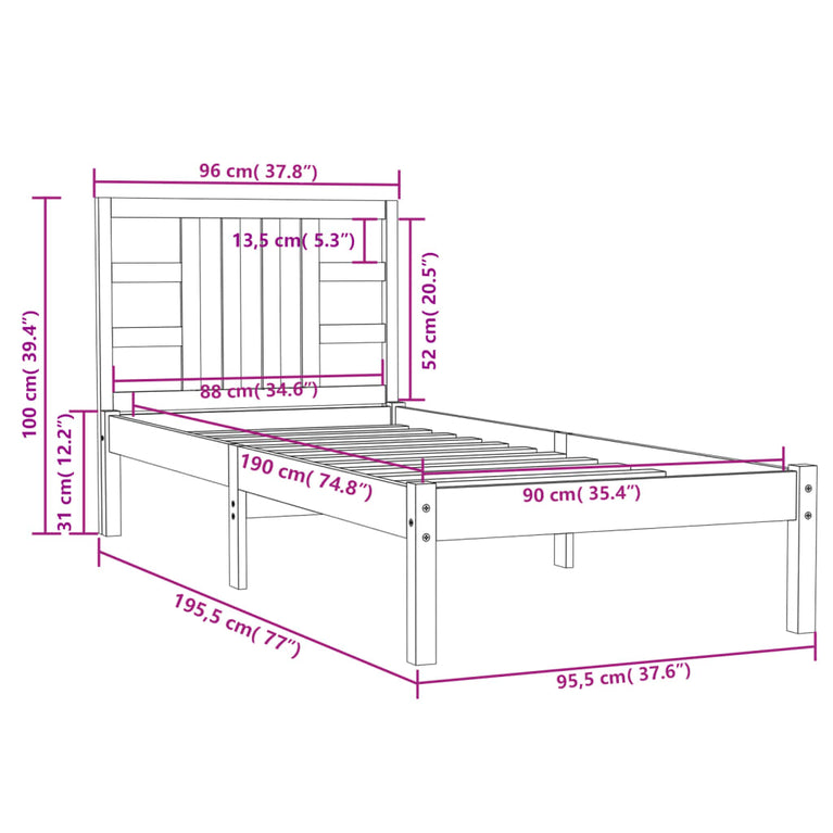Bedframe massief hout 90x190 cm Single