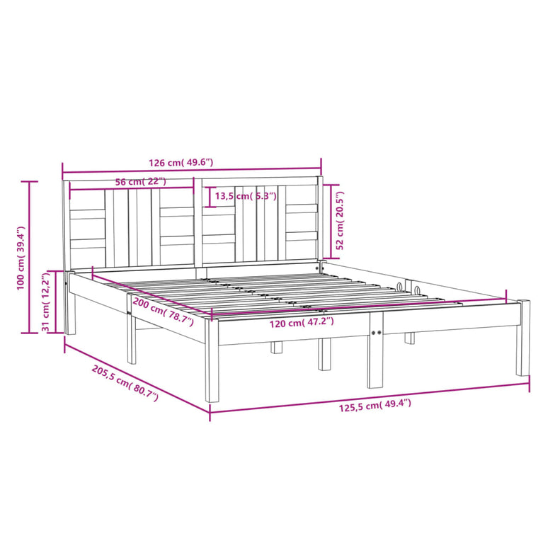 Bedframe massief hout wit 120x200 cm