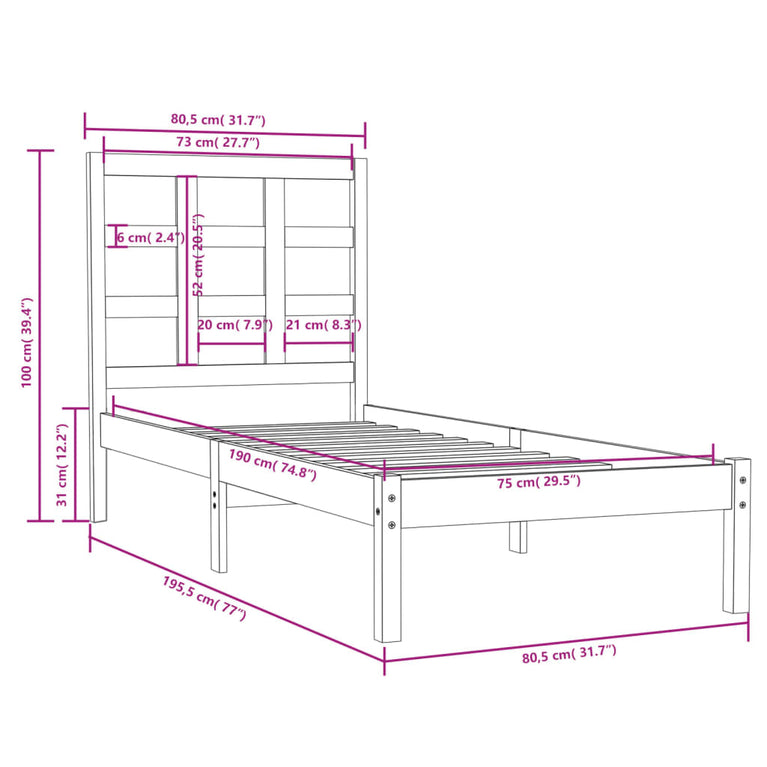 Bedframe massief hout zwart 75x190 cm 2FT6 Small Single