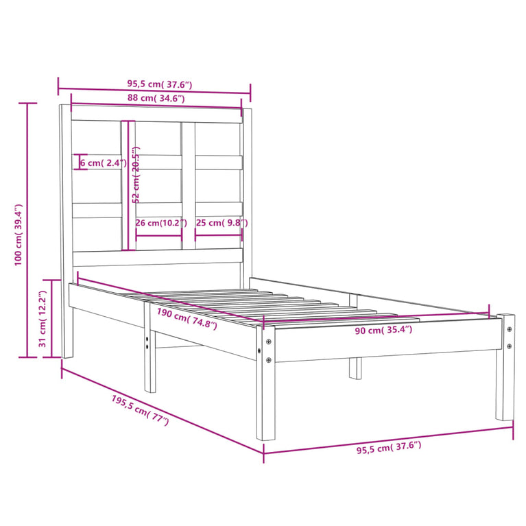Bedframe massief hout 90x190 cm Single