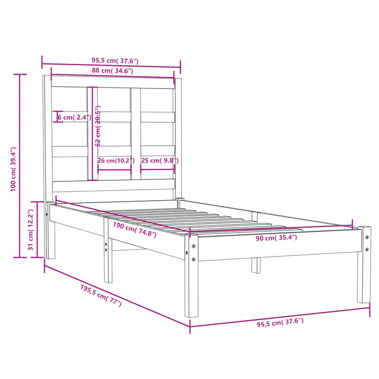 Bedframe massief hout wit 90x190 cm 3FT Single