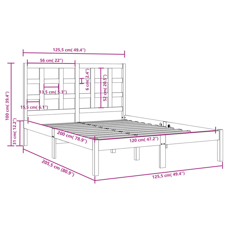 Bedframe massief hout wit 120x200 cm