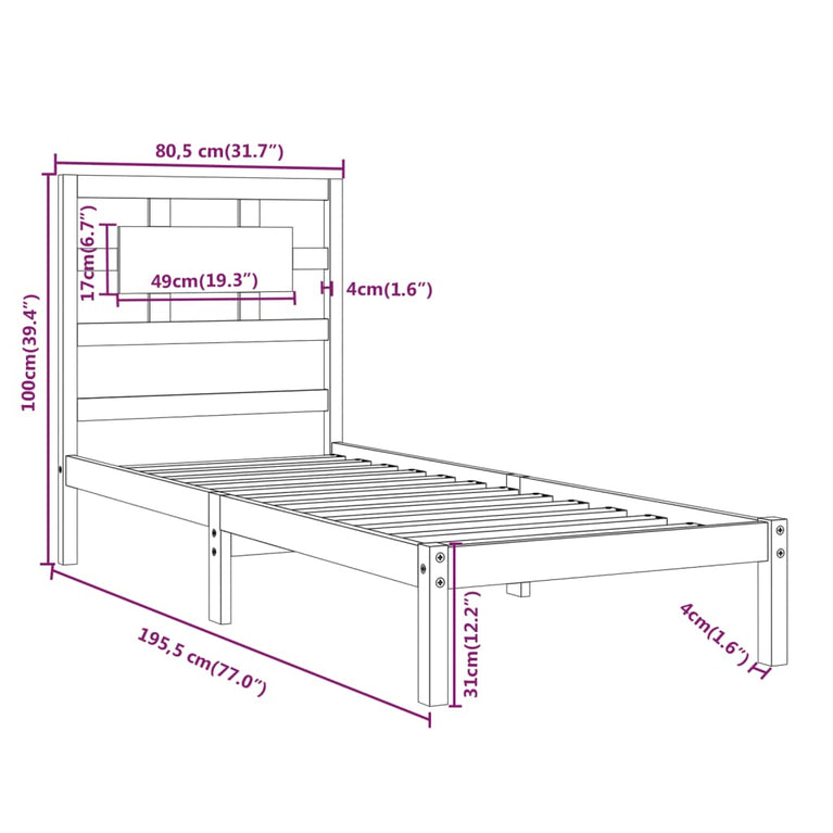 Bedframe massief hout zwart 75x190 cm 2FT6 Small Single