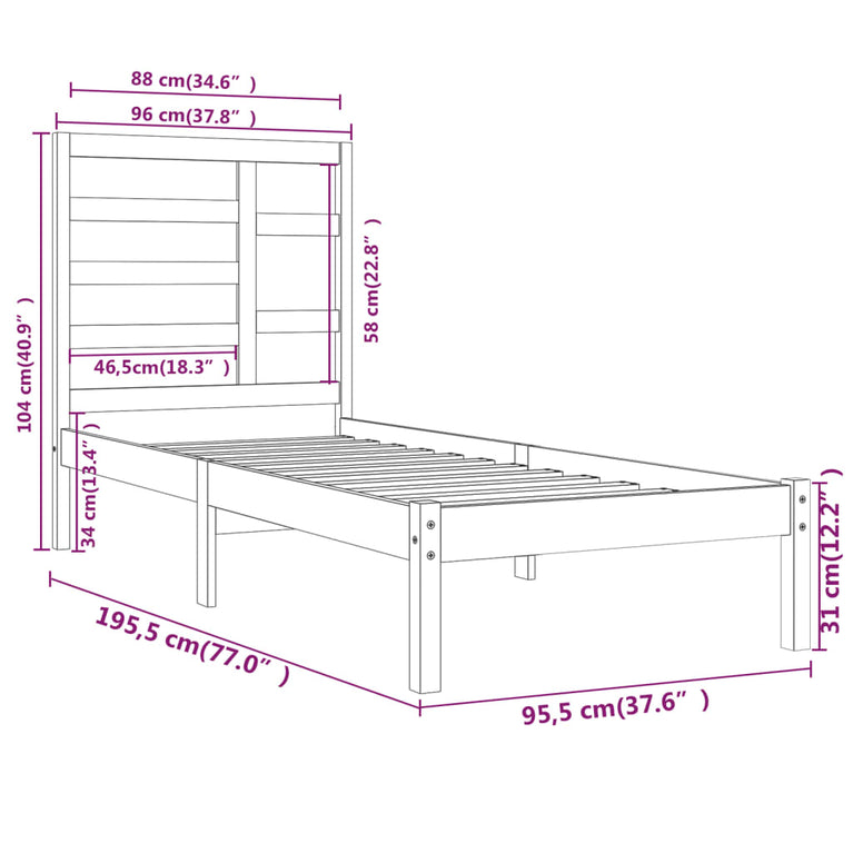 Bedframe massief hout wit 90x190 cm 3FT Single