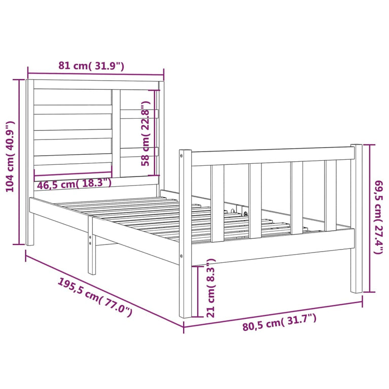 Bedframe massief hout wit 75x190 cm 2FT6 Small Single