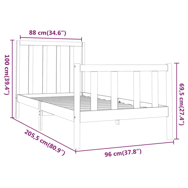 Bedframe massief grenenhout wit 90x200 cm