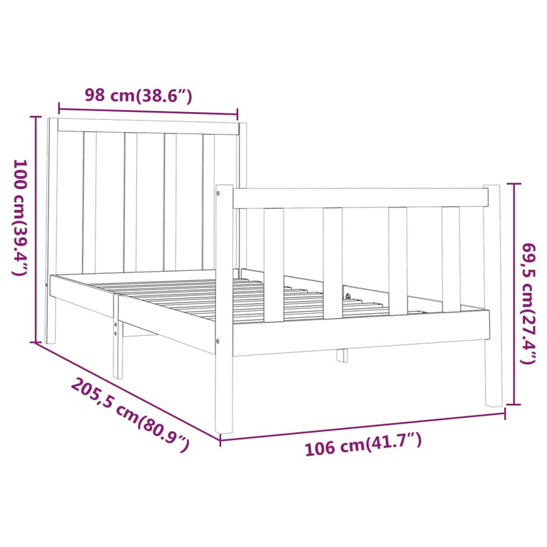 Bedframe massief grenenhout zwart 100x200 cm